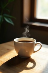 Obraz premium Aromatic Steam Rising from a Warm Mug of Coffee on a Sunny Wooden Table