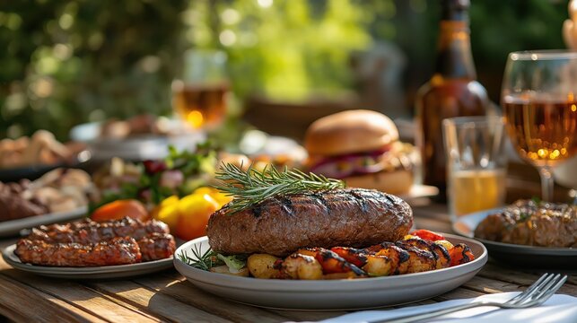 A variety of delicious meat and vegetable dishes served on a table outdoors. Ideal for projects related to food, family gatherings, and summer parties.

