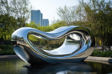 Reflective modern sculpture in a garden with water and buildings