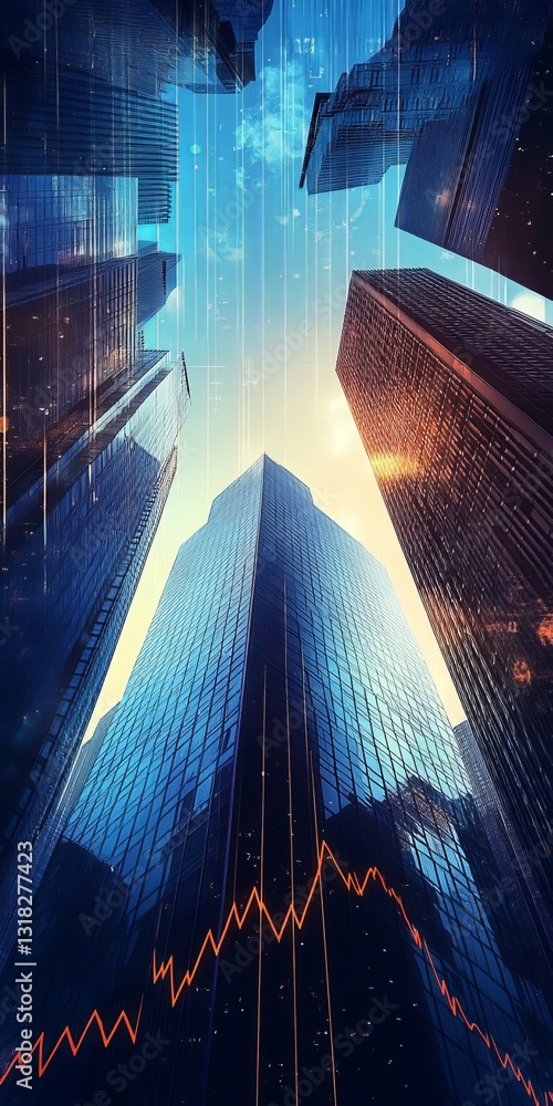 Poster a dramatic view of towering skyscrapers reaching towards a blue sky, accented by digitally rendered 