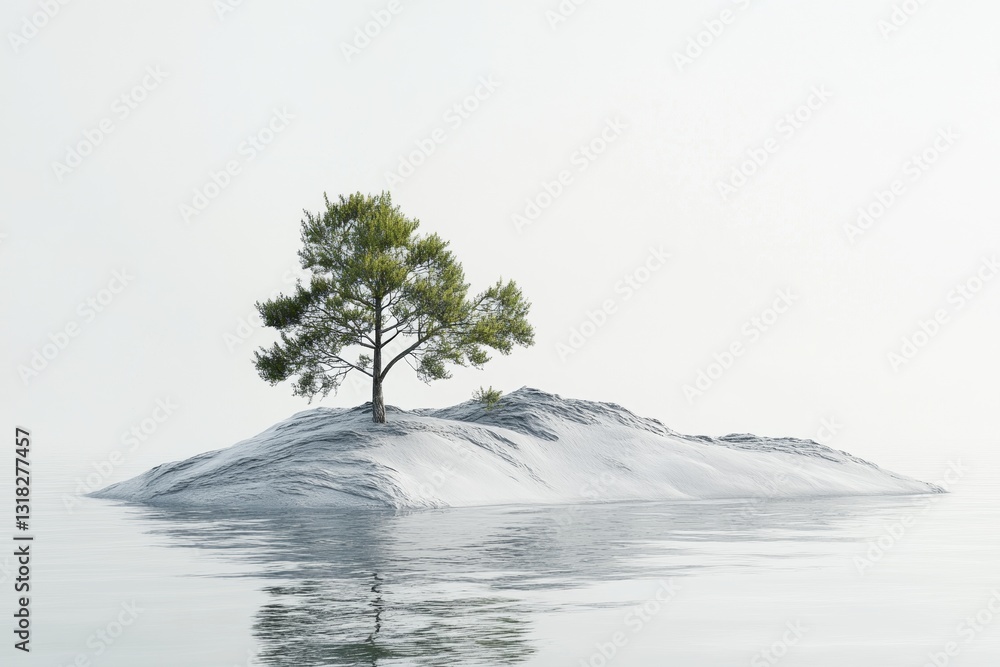 Poster a tranquil scene featuring a solitary tree on a small island surrounded by calm waters and enveloped
