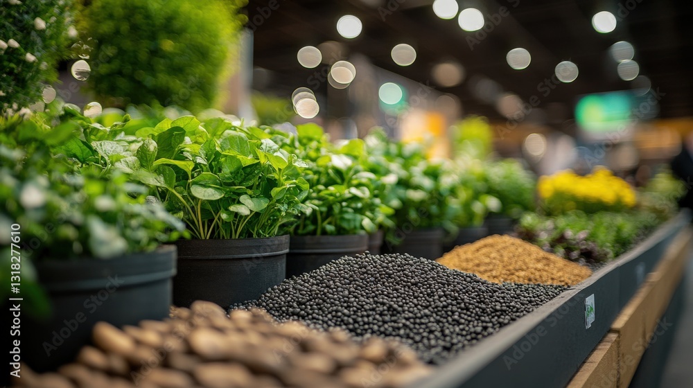 Poster vibrant display of assorted plants and seeds in a market setting with blurred background activity