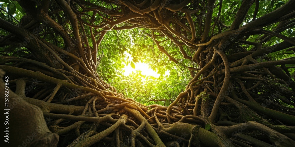 Aufkleber sunlight streaming through twisting roots and green canopy in a lush forest setting