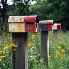 Rustic Mailboxes in a Summer Countryside Landscape