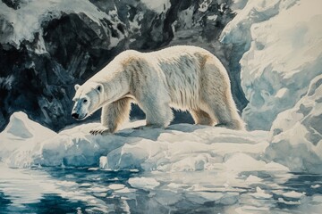 A striking image of a polar bear gracefully exploring an iceberg amidst tranquil arctic waters. This scene captures the beauty and fragility of wildlife in a cold environment.
