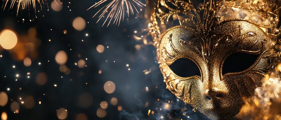 Elegant masquerade ball backdrop with golden sunbeams filtering through a vintage ballroom