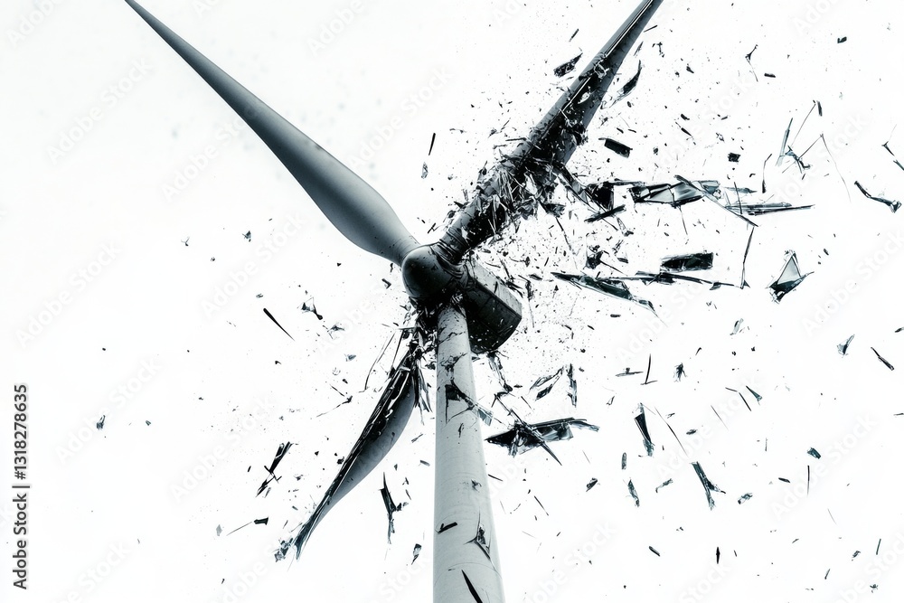 Poster an intense moment captures a wind turbine exploding, with fragments scattering around it in mid-air.
