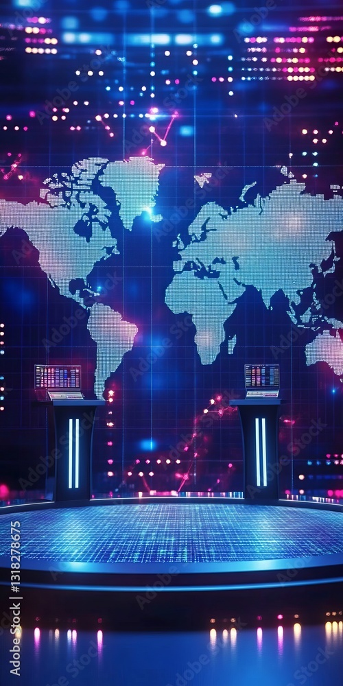 Poster modern digital backdrop featuring a world map and data visualizations, perfect for technology and bu