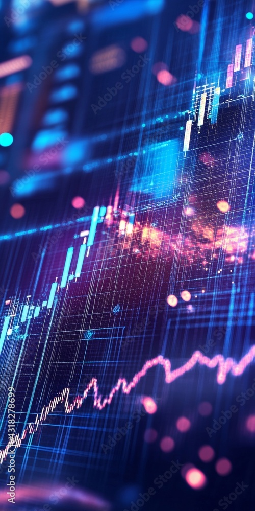 Poster dynamic financial market visualization with colorful data trends and growing graph elements
