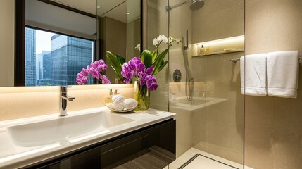 Elegant en-suite luxury bathroom with a glass shower, sleek vanity, and under-mirror LED lighting.