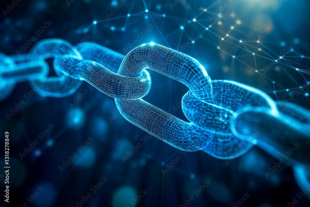 Poster a chain of blue links is shown in a blue background. the chain is made up of many small links that a