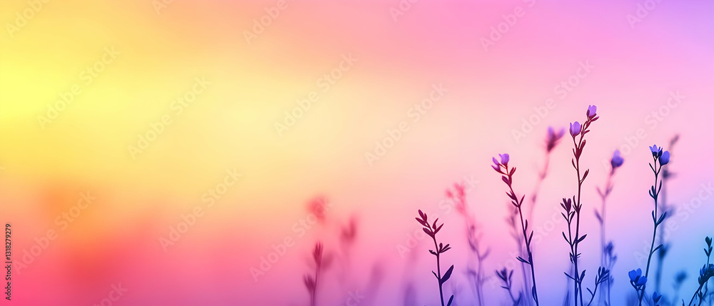 Poster Dreamy Pastel Flowers In A Field With A Soft Blurred Background And Colorful Gradient
