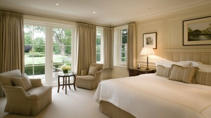 Obraz premium Elegant minimalist bedroom with soft beige tones, clean lines, and a well-balanced aesthetic for a tranquil retreat.