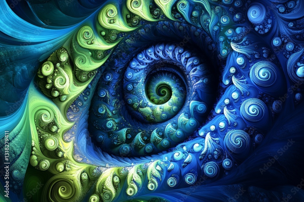 Poster this captivating abstract image features a swirling spiral pattern in vibrant blue and green tones, 