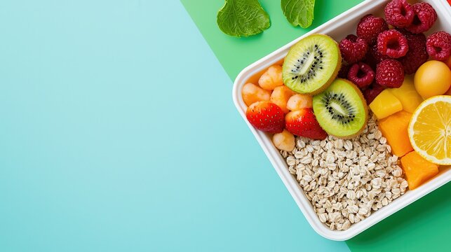 Baby nutrition feeding allergies awareness. Fresh fruit salad with oats on a colorful background.