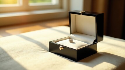 A sparkling gemstone rests inside a sophisticated black jewelry box, bathed in soft sunlight on a plush surface.