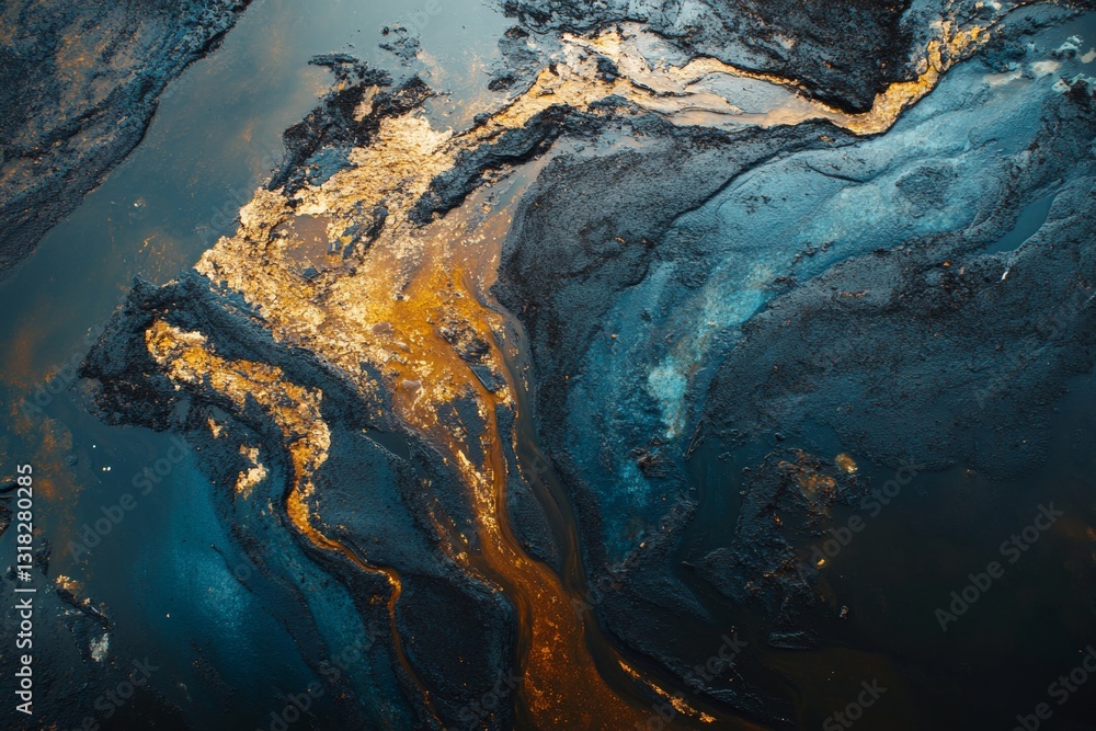 Poster captivating abstract art displaying swirling colors and textures in a dark liquid surface. vibrant b