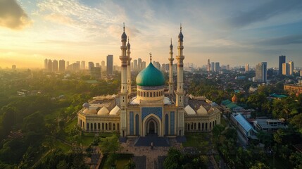 Fototapeta premium An aerial photograph depicts a large mosque in an urban setting