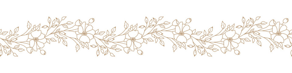 Floral border with blooming branches, leaves and flowers. Seamless horizontal background with beautiful hand drawn garland in line art style. Vector illustration © Victory