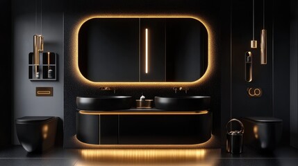 Obraz premium High-end luxury bathroom with a black and gold theme, sleek surfaces, and an illuminated vanity mirror.