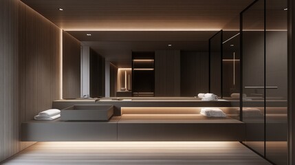 High-end minimalist bathroom with a floating sink, large frameless mirror, and subtle under-cabinet lighting.