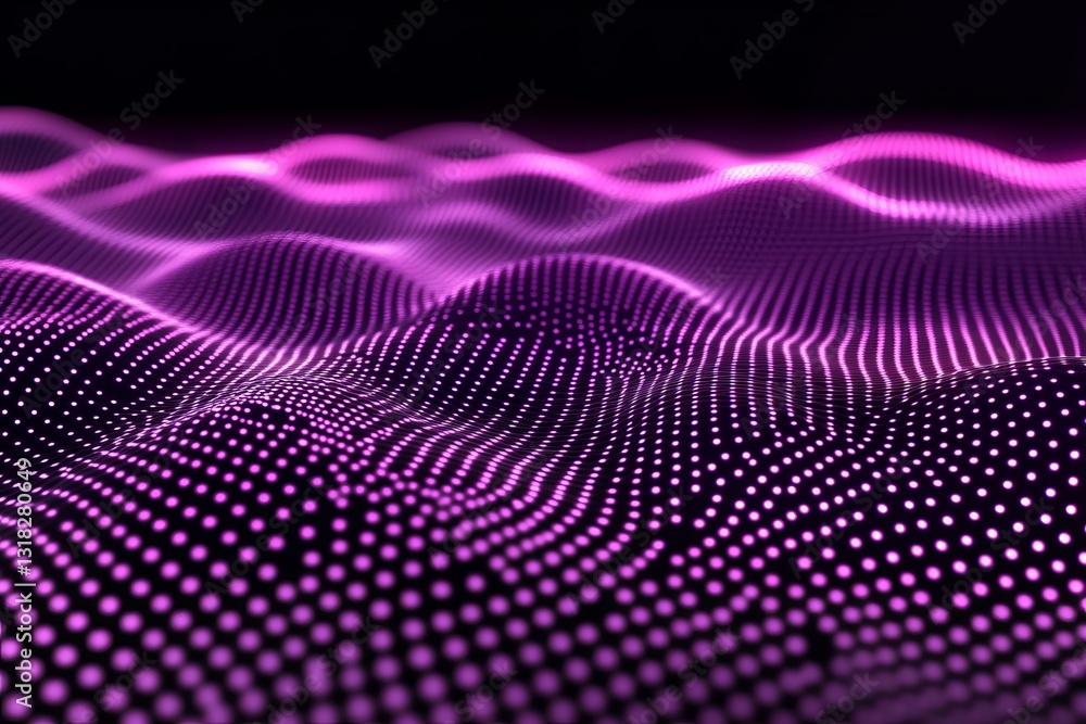 Poster this dynamic abstract image features vibrant purple waves glowing in a dark space, creating a mesmer