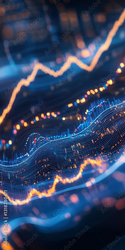 Poster abstract data visualization with flowing lines and glowing lights representing financial trends