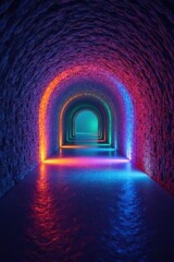 Fototapeta premium Illuminated Passageway A Serene Journey Through a Vibrant, Arched Tunnel with Reflective Surface