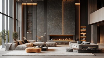 Inviting modern living room with a fireplace, warm neutral decor, and a cozy, elegant ambiance.