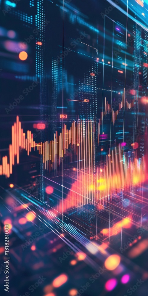 Poster abstract data visualization with colorful graphs and lights representing technology trends