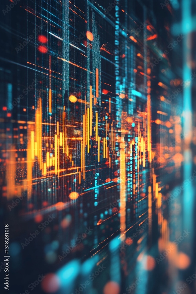 Poster abstract digital data visualization with geometric patterns and vibrant energy flowing through space
