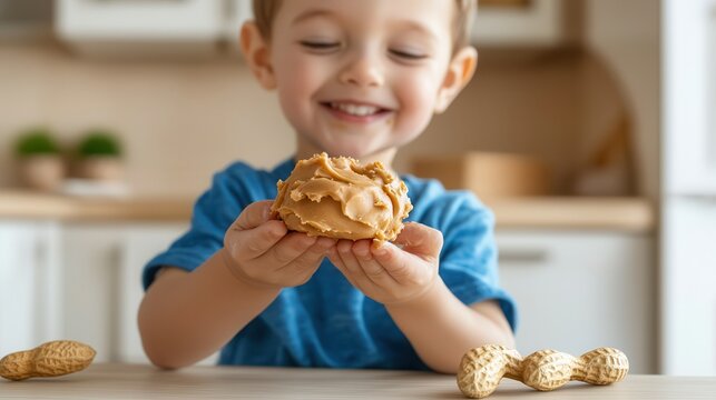 Baby nutrition feeding allergies awareness. Happy child holding a cookie with peanut butter in a bright kitchen. - Powered by Adobe