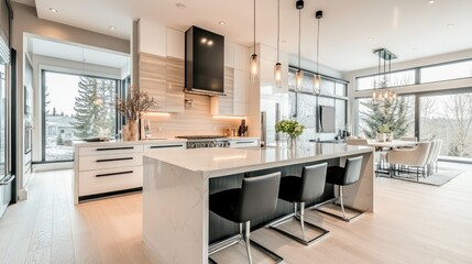 Luxury contemporary kitchen featuring a large island, high-end appliances, and pendant lighting for an elegant ambiance.