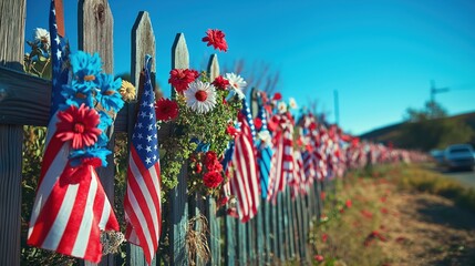 Fototapeta premium A fence decorated with American flags and flowers, celebrating a holiday with patriotic symbols. Concept: National holiday celebrations.