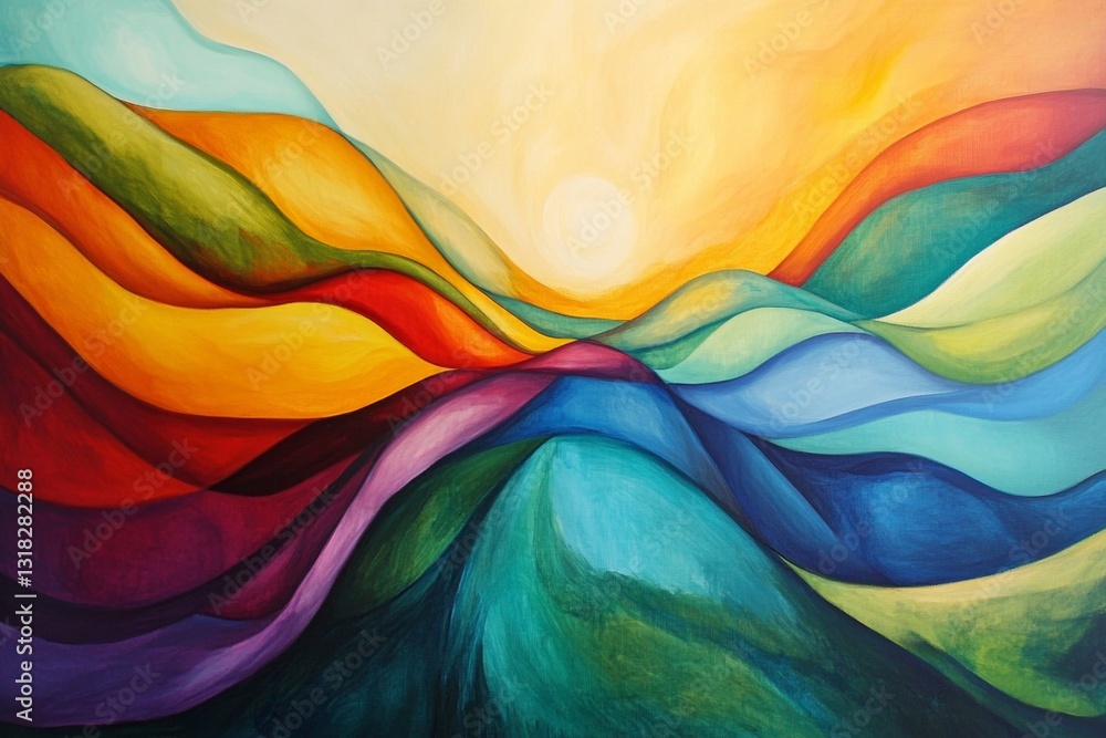 Poster this vibrant abstract landscape features colorful waves flowing harmoniously with a warm sun setting