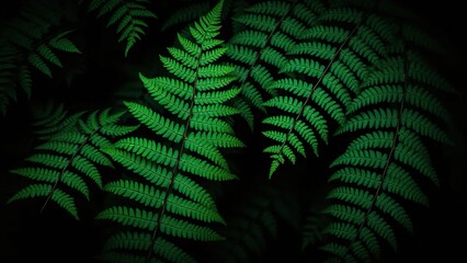Dark green ferns on a black background with a hint of blue, plant life, ferns, botanicals