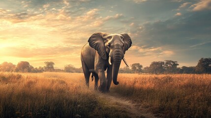Naklejka premium A large elephant walks gracefully across a grassy landscape at dusk