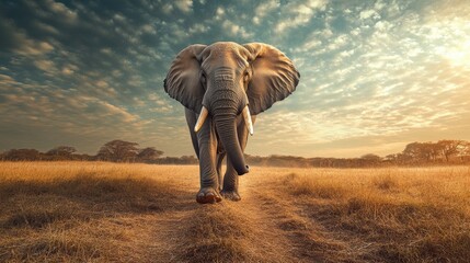 Fototapeta premium A massive elephant strides directly towards the camera across grasslands