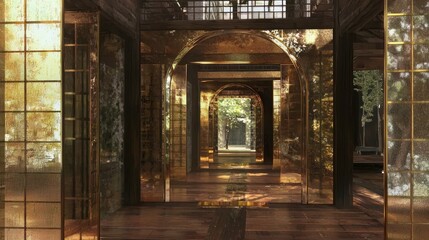 Fototapeta premium Modern Corridor with Sliding Screens and Golden Accents