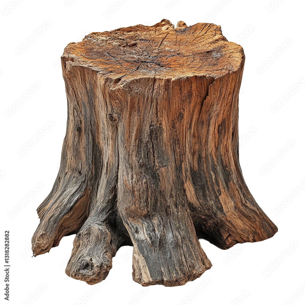 Poster a weathered dead log stump with intricate textures and natural details against a stark transparent b