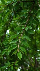 Dark green foliage of a single stem tree branch, leafy greens, trees, branches