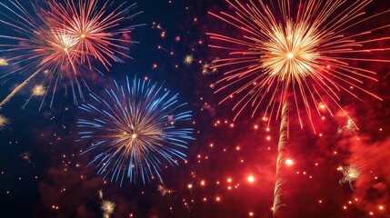 Obraz premium Stunning fireworks explode in the night sky, with bursts of red, blue, and golden light, creating an exciting and vibrant celebration