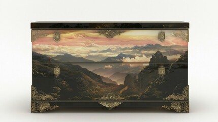 Elegant Ebony Lacquer Chest with Scenic Swirl Design