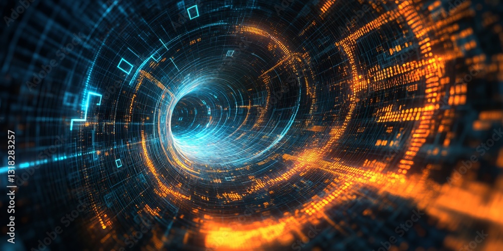 Poster explore an abstract digital tunnel featuring vibrant glowing lights in orange and blue, creating a s