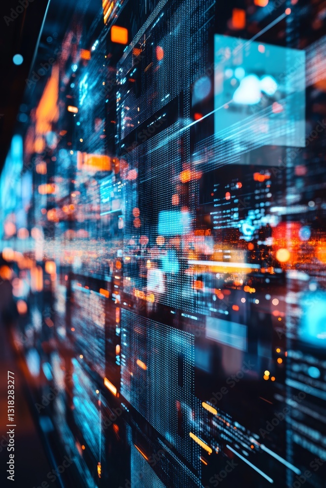 Poster a computer screen shows a cityscape with many buildings and lights. the image is a representation of