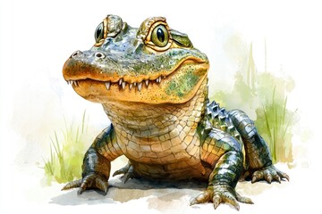 Fototapeta premium A Colorful Watercolor Illustration of a Young Alligator on the Ground