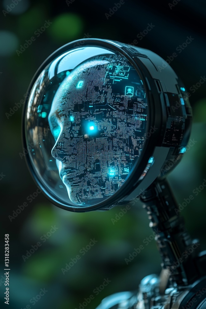 Poster this striking image features a futuristic robot head showcasing intricate circuit patterns and glowi