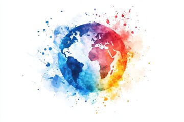 Fototapeta premium Bright and colorful watercolor artwork depicting the Earth globe surrounded by vibrant paint splashes. Perfect for showcasing creativity and global concepts.