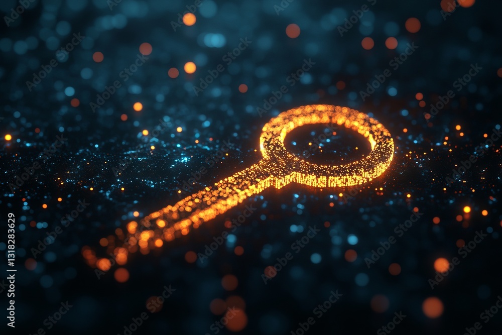 Poster a glowing key symbol surrounded by vibrant, sparkling particles creates a modern and abstract repres