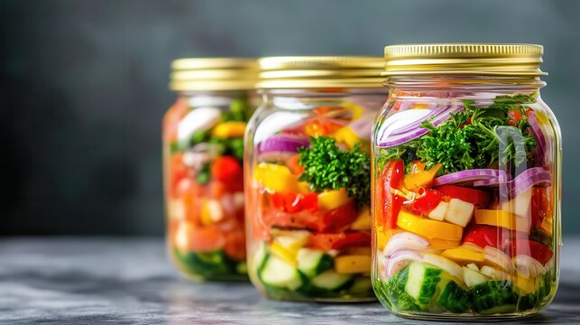 Baby nutrition feeding allergies awareness. Colorful vegetable jars on a grey background.